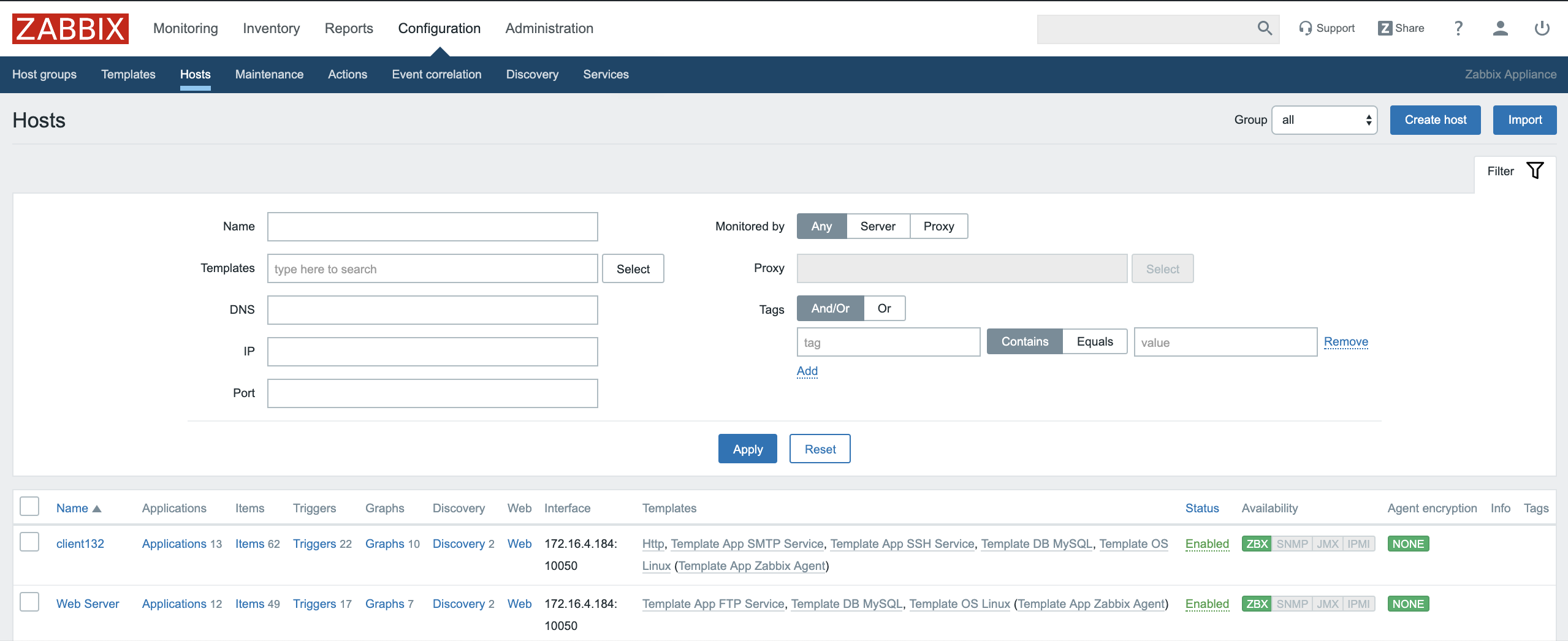 Zabbix Configuration Hosts